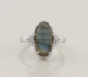 Sterling Silver Labradorite & White Zircon Ring Size 9 1/4